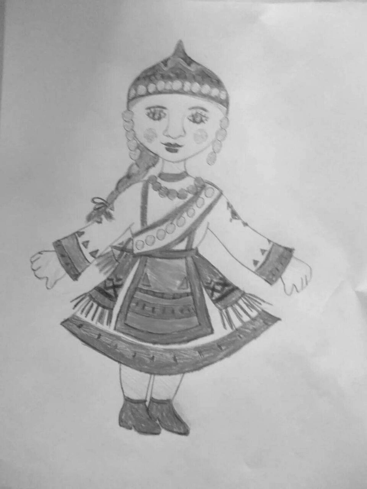 Coloring page elegant Chuvash costume