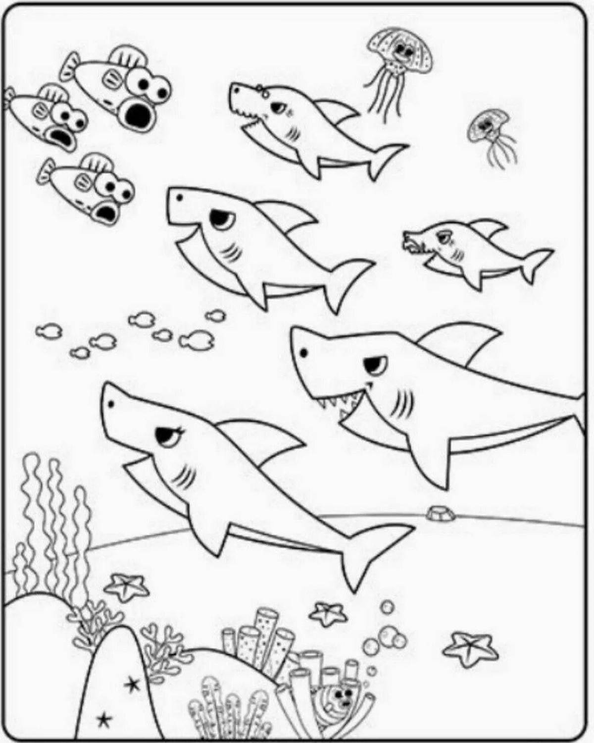 Colorful shark family coloring page