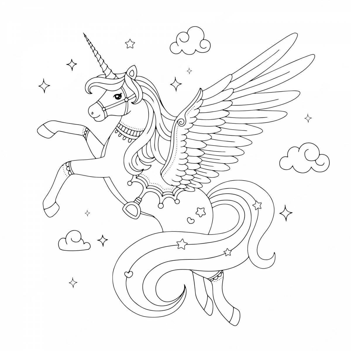 Coloring book elegant flying unicorns