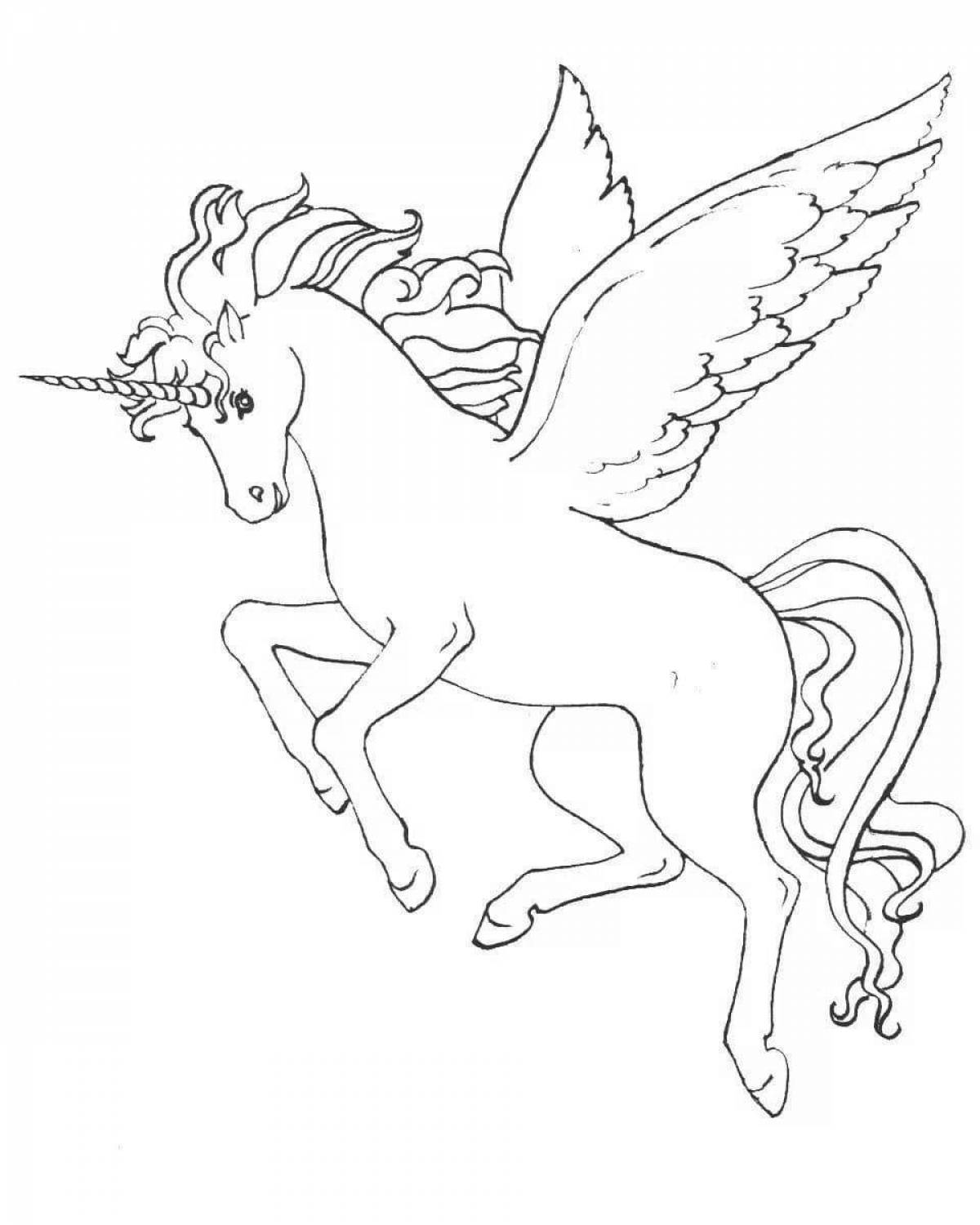 Coloring book fluffy flying unicorns