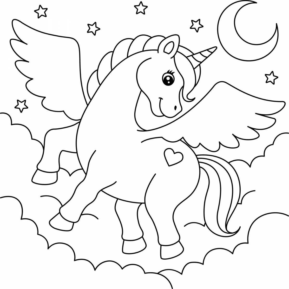 Glitter flying unicorns coloring page