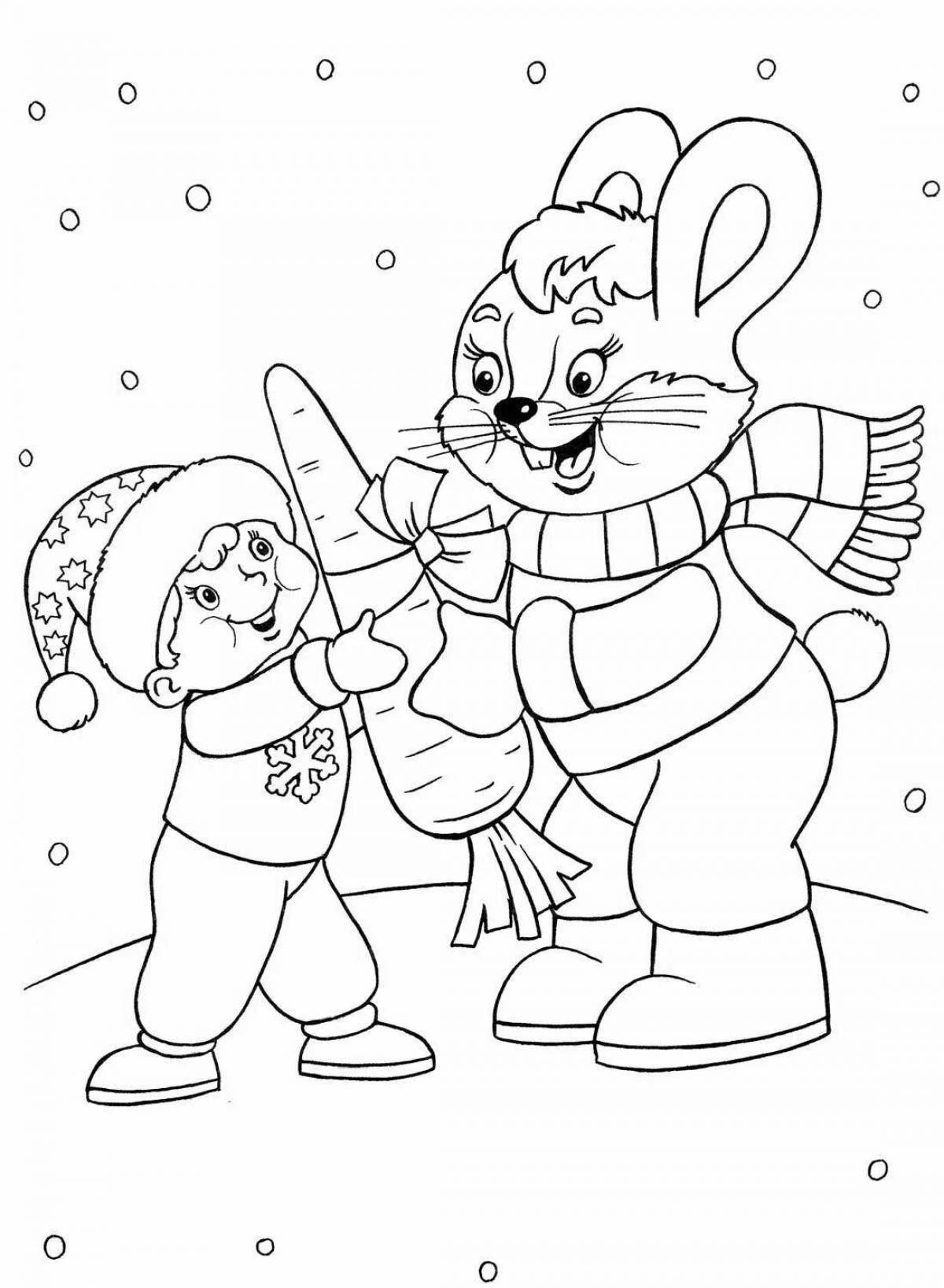 Holiday coloring rabbit in winter