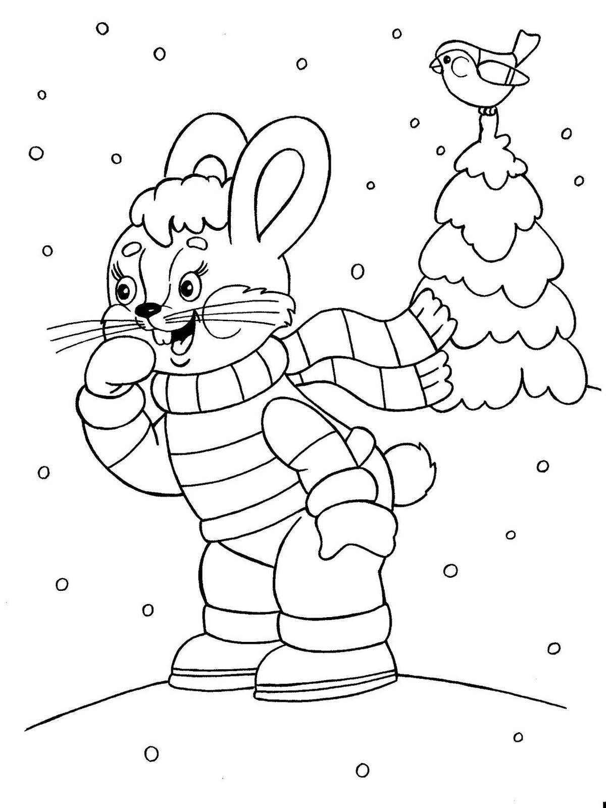Colorful coloring rabbit in winter