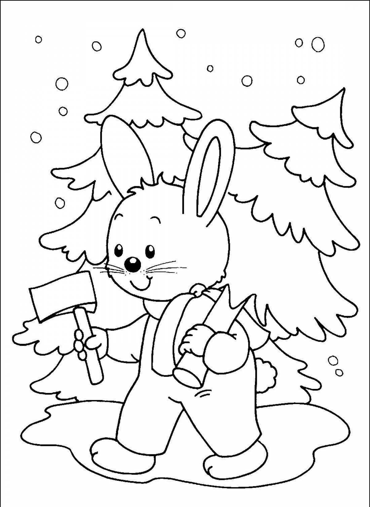 Радостная раскраска кролика зимой