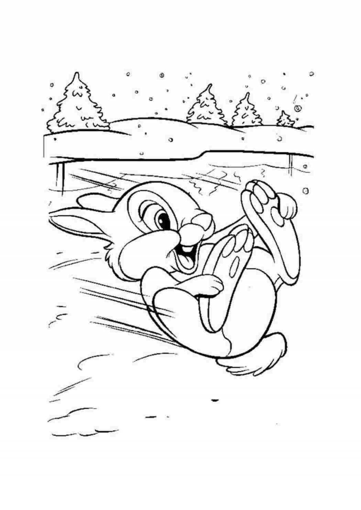 Whimsical rabbit coloring book in winter