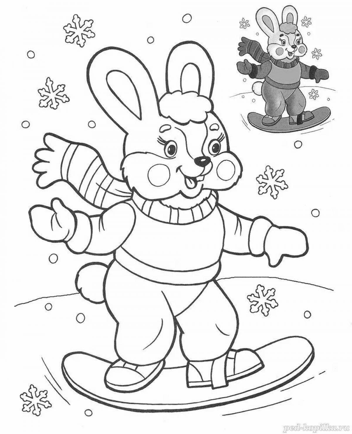 Cute bunny coloring book in winter