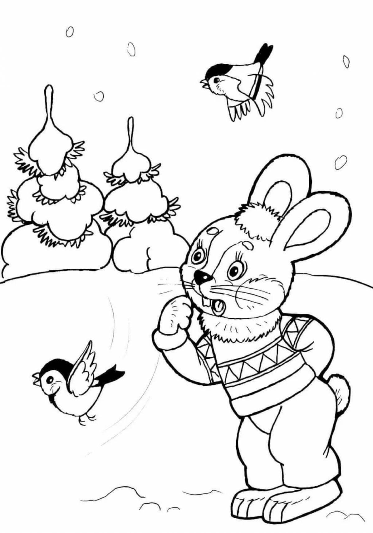 Dreamy rabbit coloring book in winter