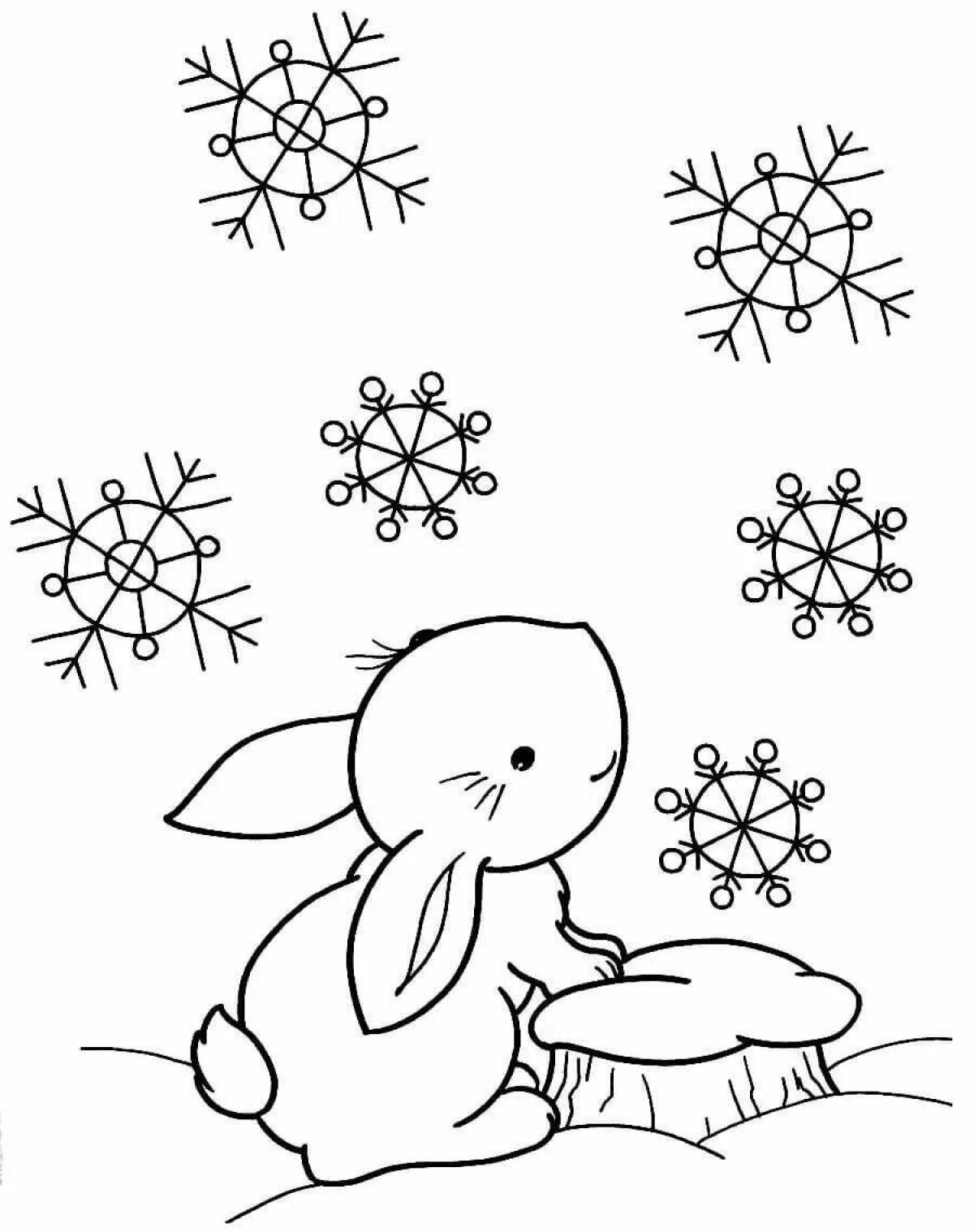 Shiny rabbit coloring book in winter