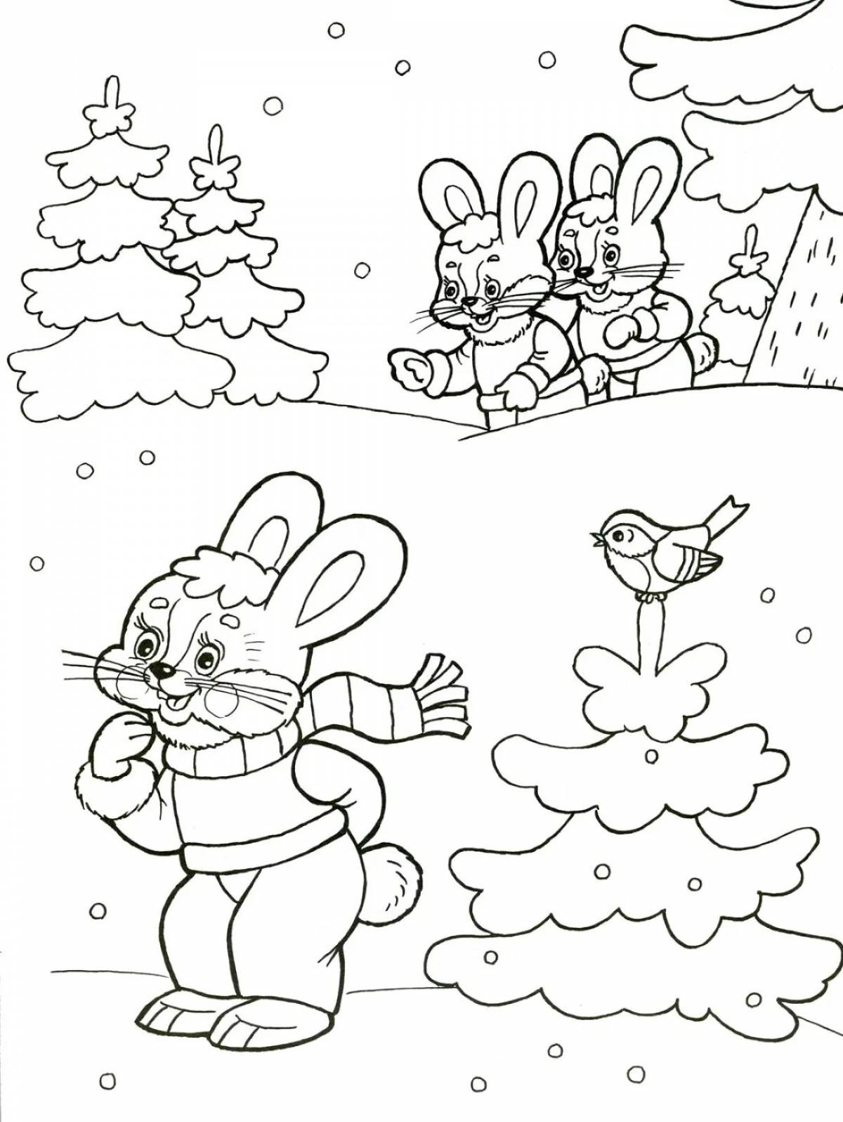 Plush coloring rabbit in winter