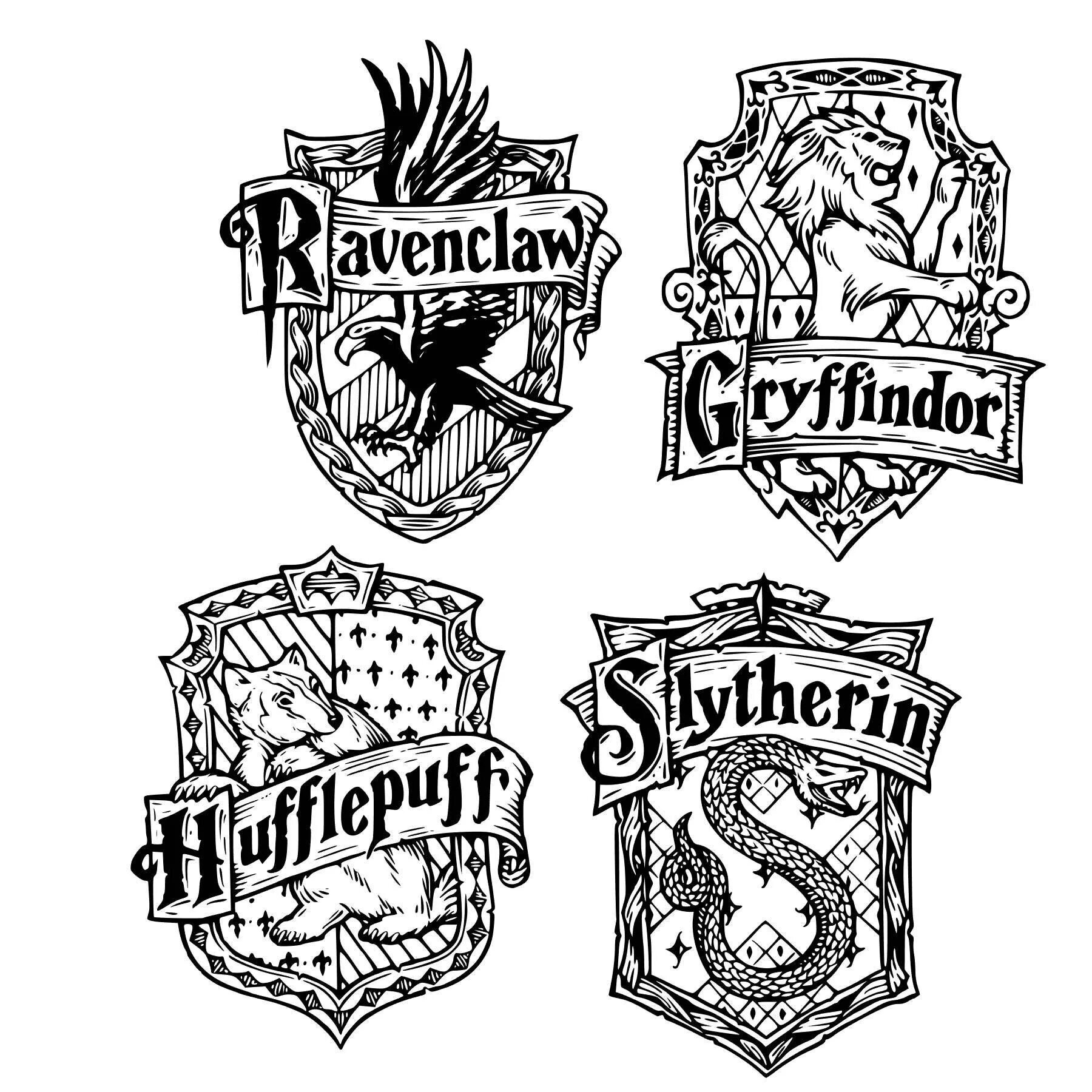 Coloring book colorfully decorated Hogwarts houses
