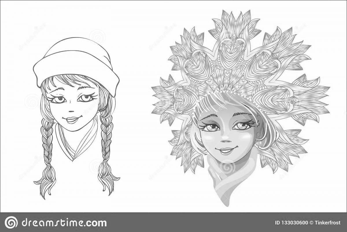 Coloring the face of a cheerful snow maiden