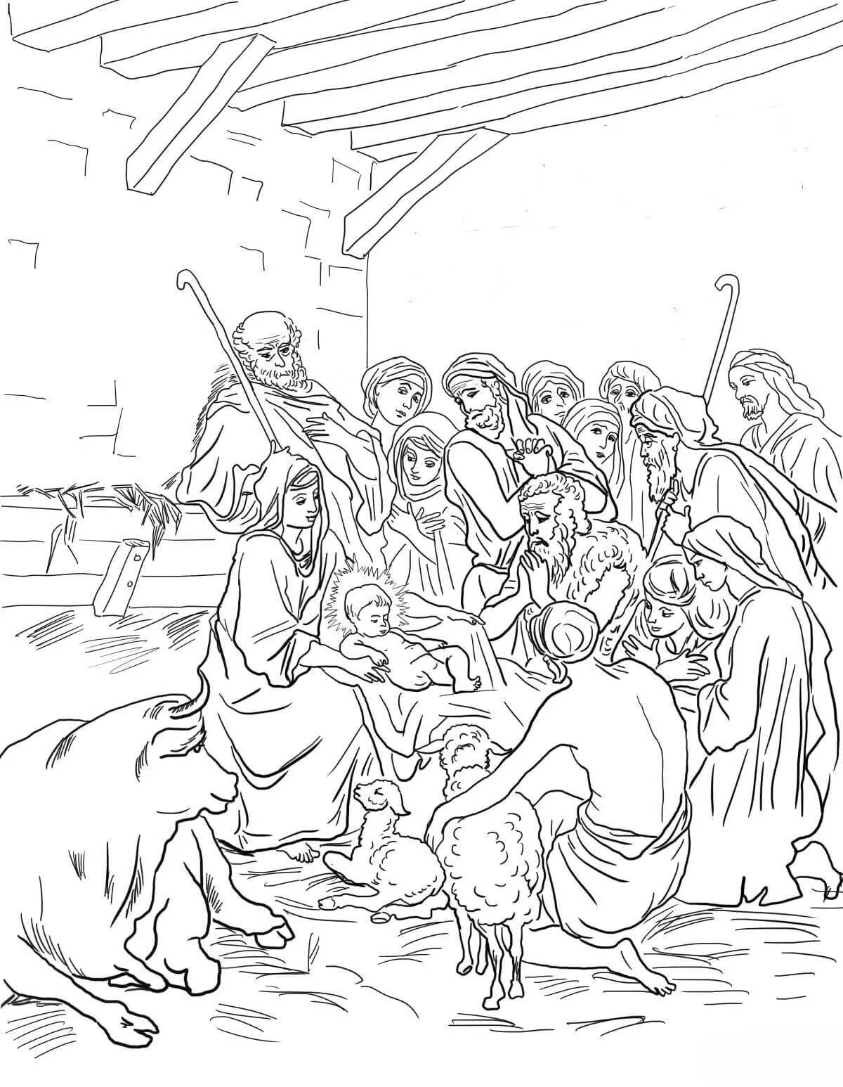 Coloring page glowing shepherds for christmas