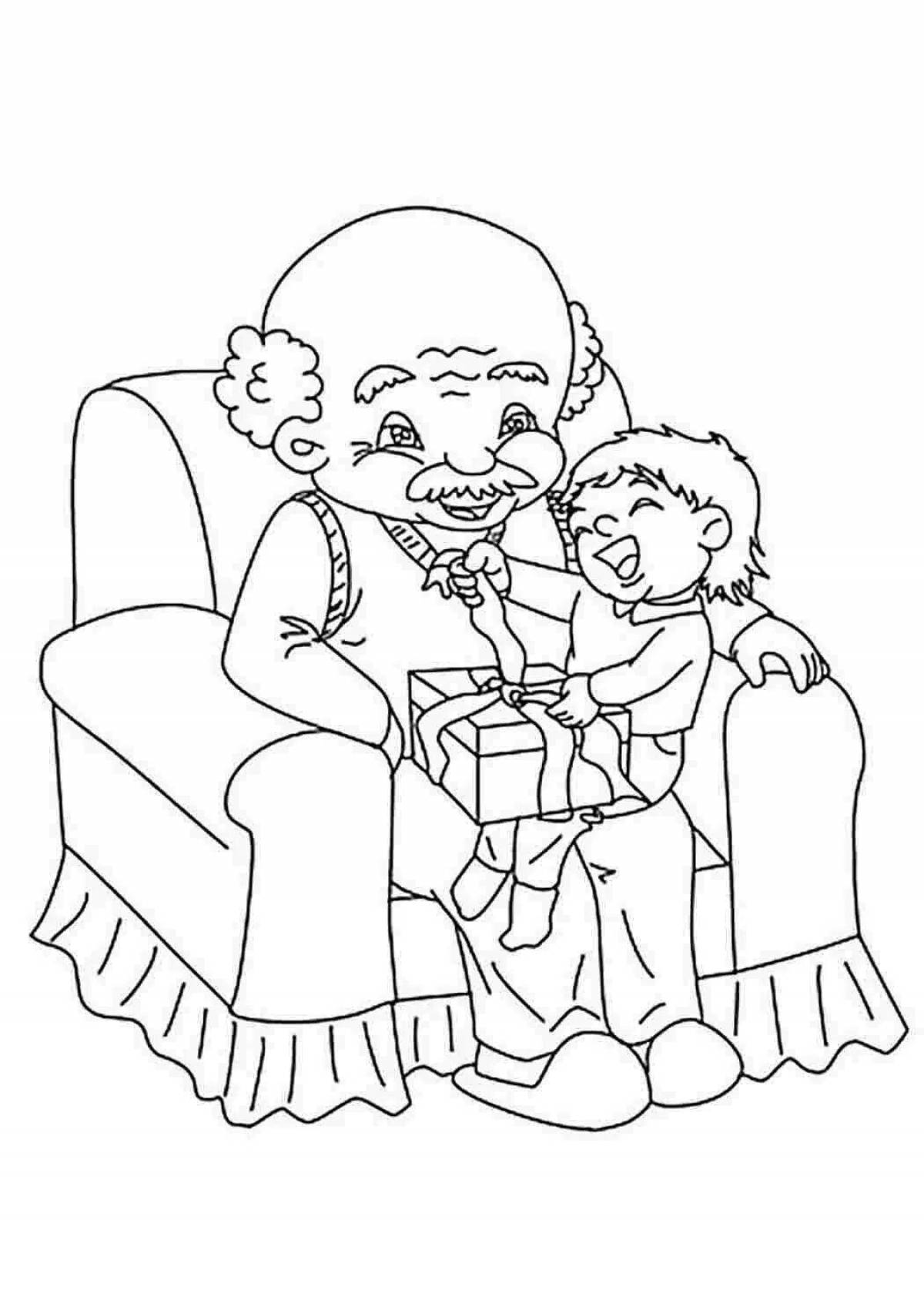 Bright coloring page postcard with grandfather