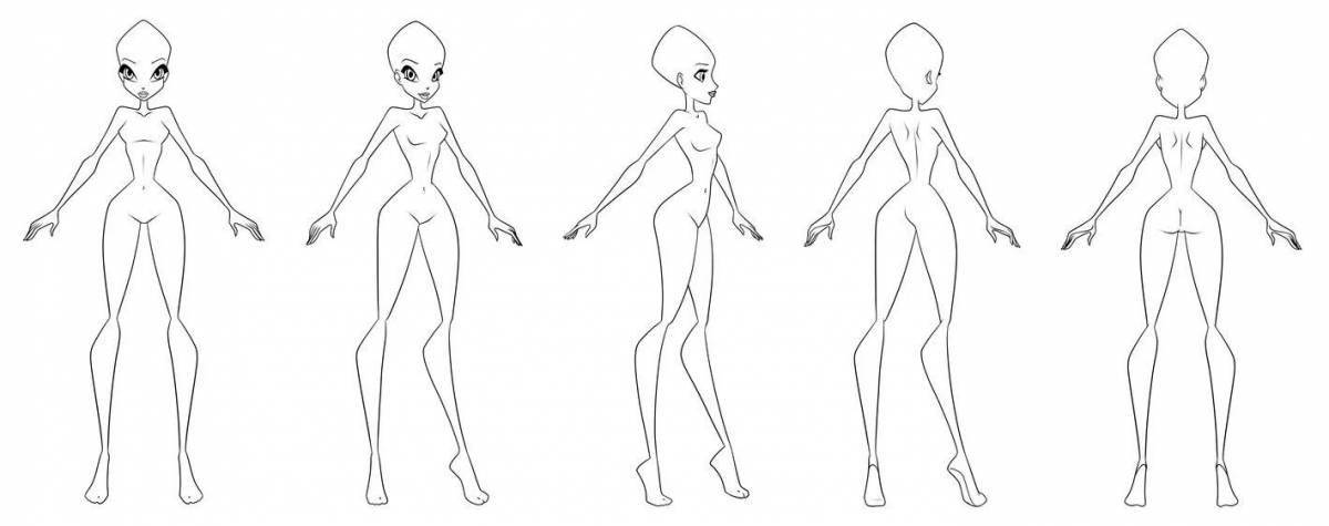 Coloring page of a bright female mannequin