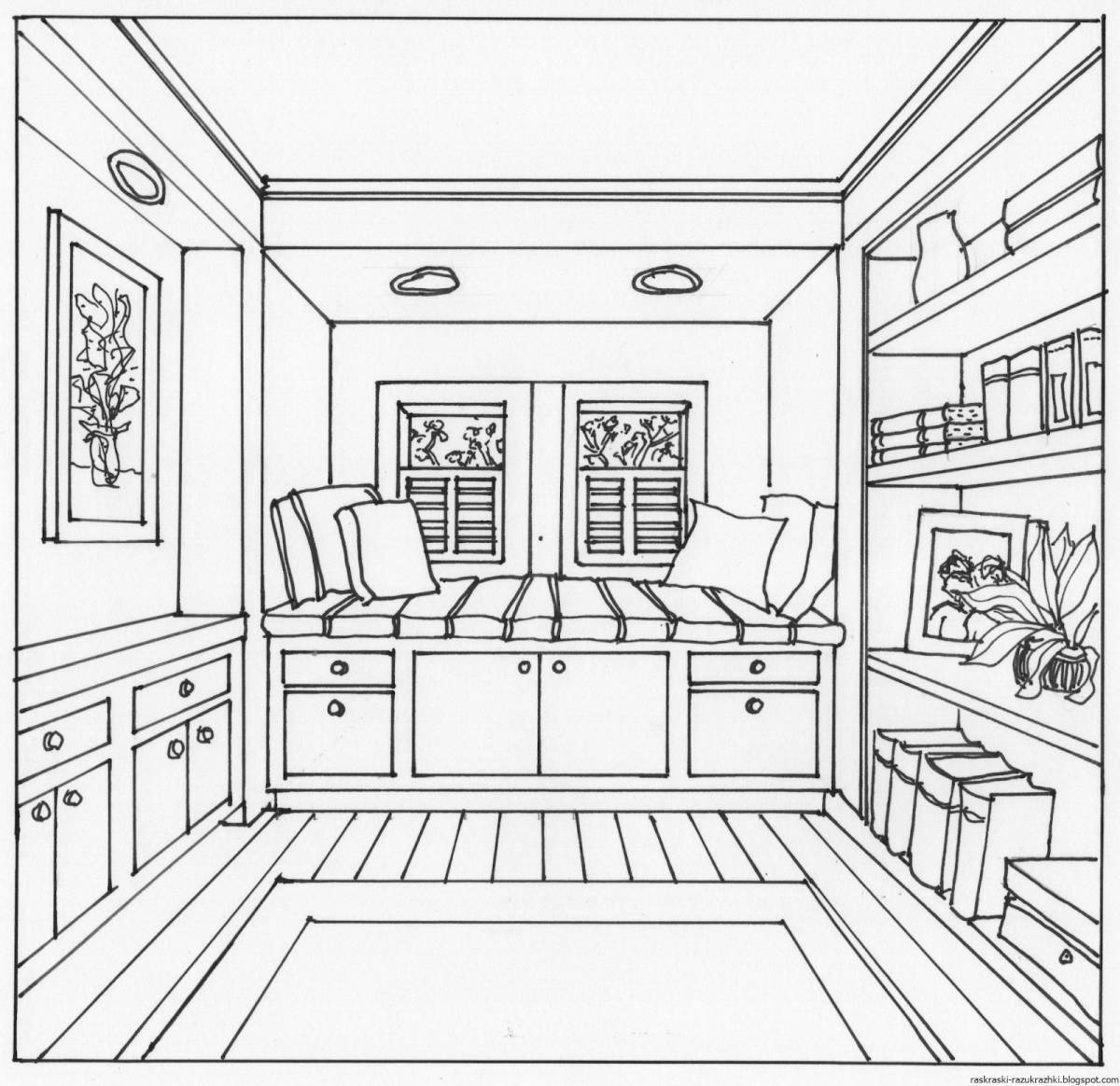 Playful living room coloring page