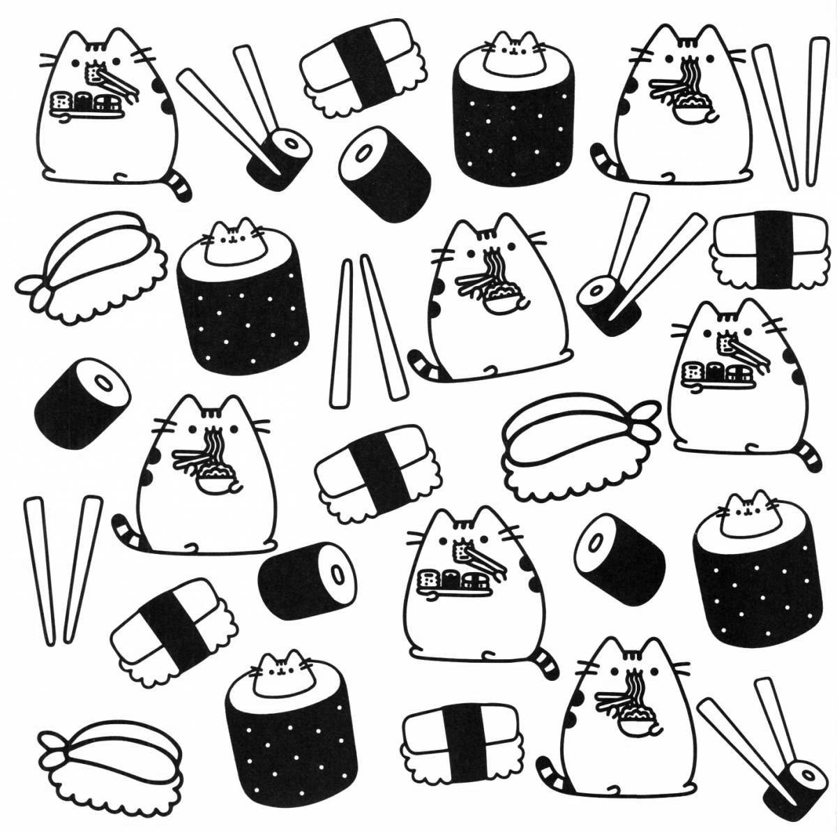 Fabulous sushi cat coloring page