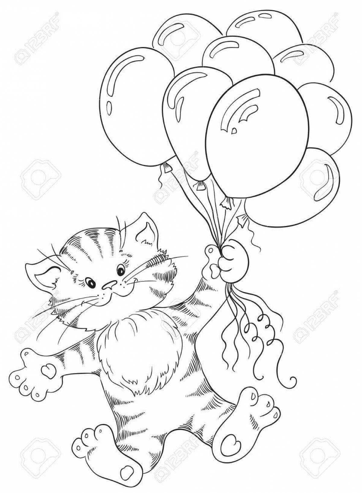 Кошка с шариками рисование средняя группа. Раскраска котик с шариками. Открытка раскраска с котиками. Котенок с шарами раскраска. Раскраска котики с днем рождения.