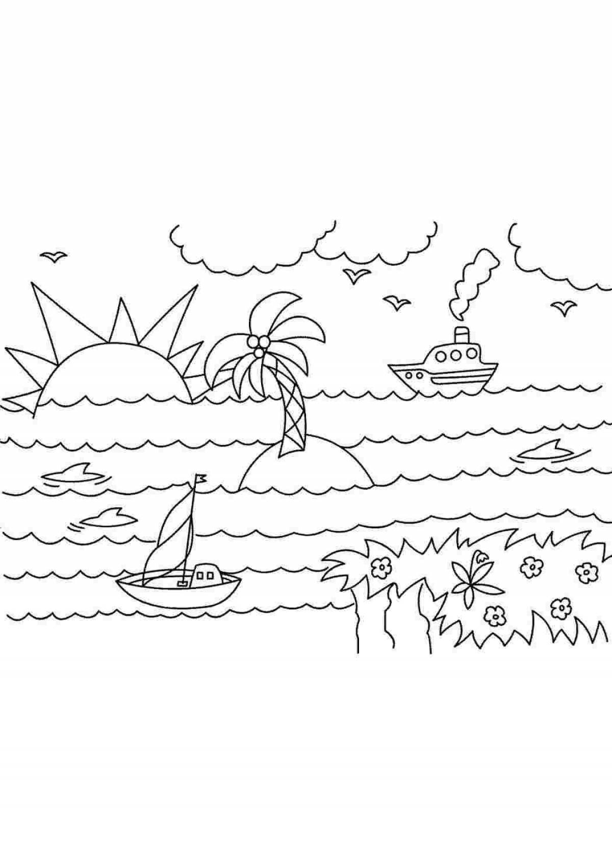 Раскраска блестящий закат на море