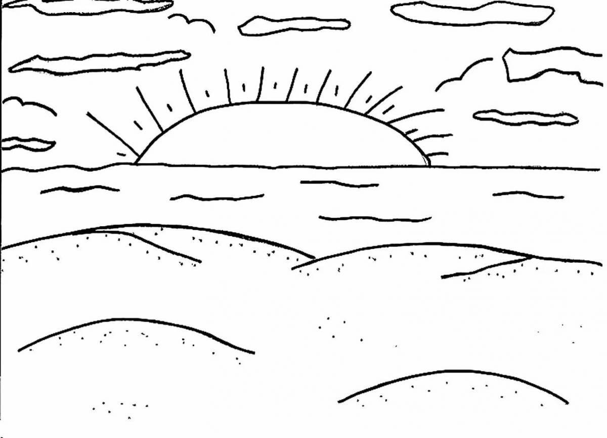 Coloring page charming sunset on the sea