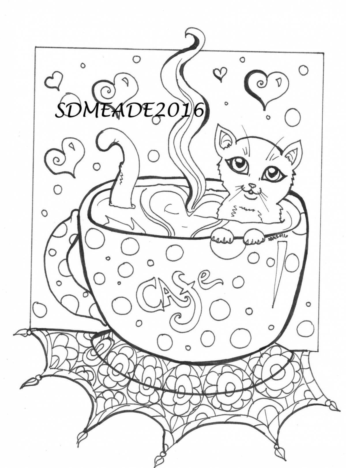 Coloring page playful kitten in a cup