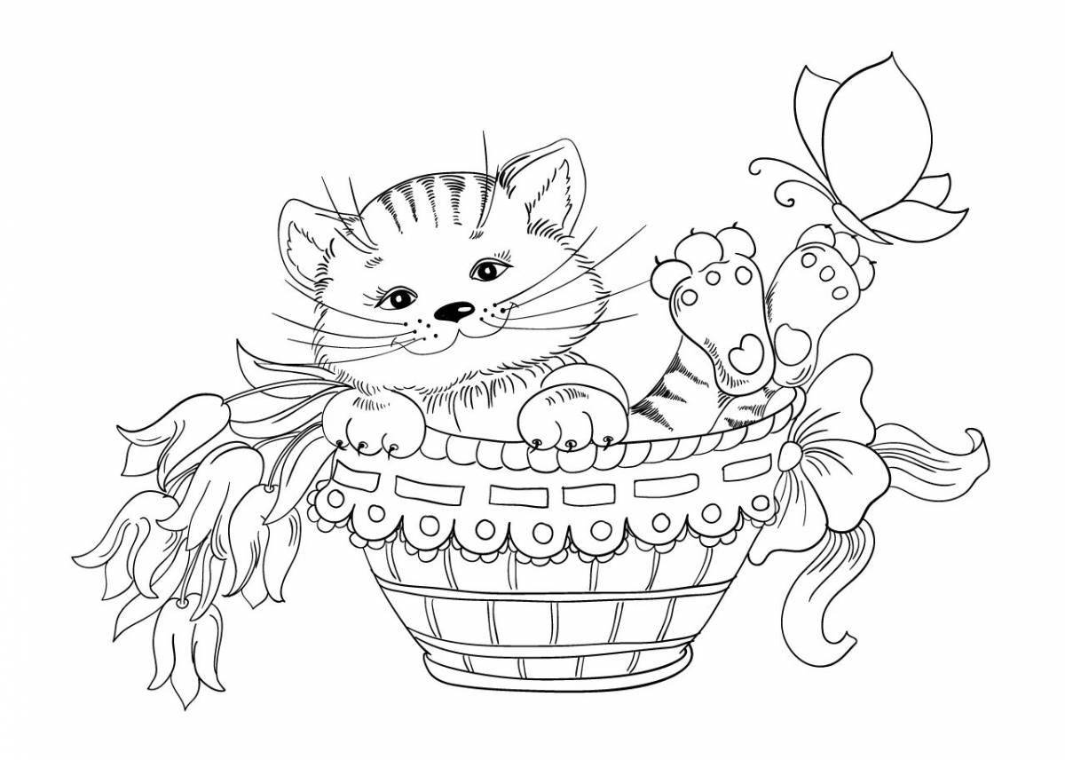 Coloring book happy kitten in a cup