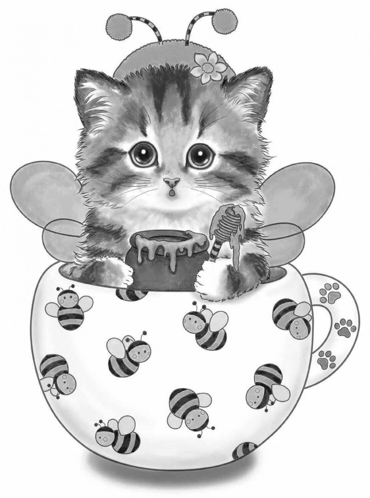 Coloring page fluffy kitten in a cup