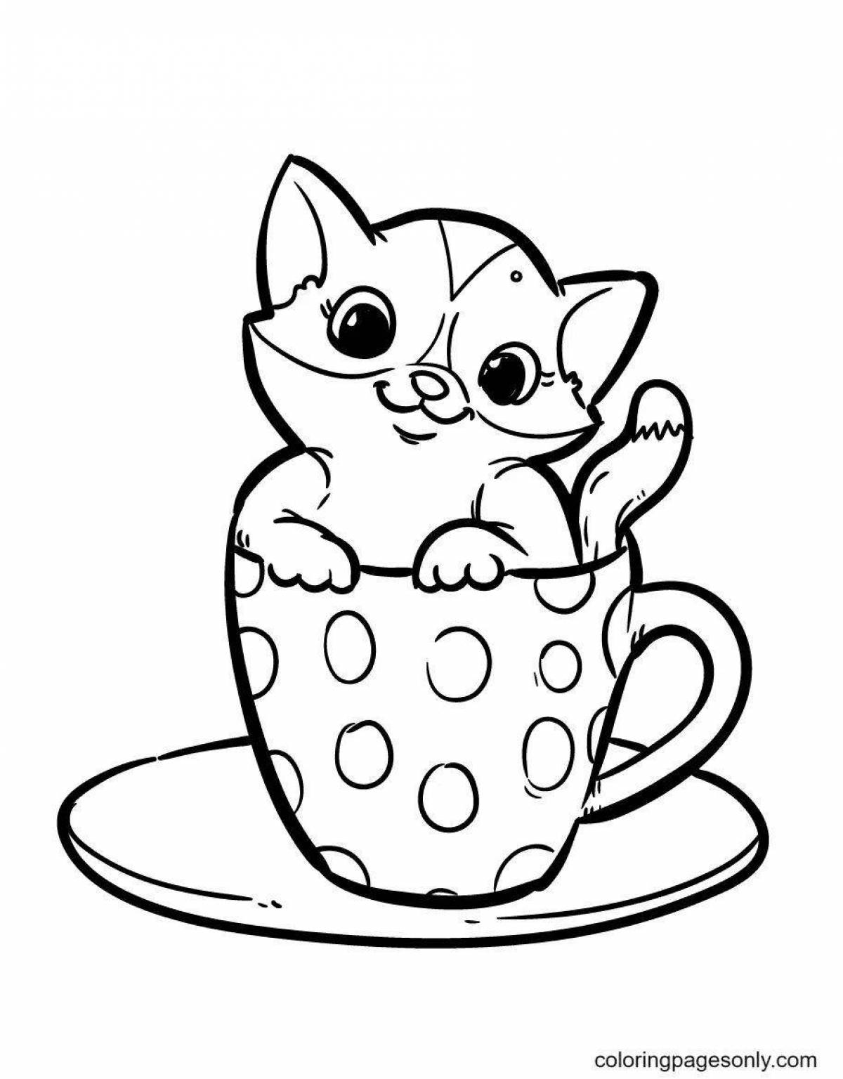 Милый котенок в чашке раскраска