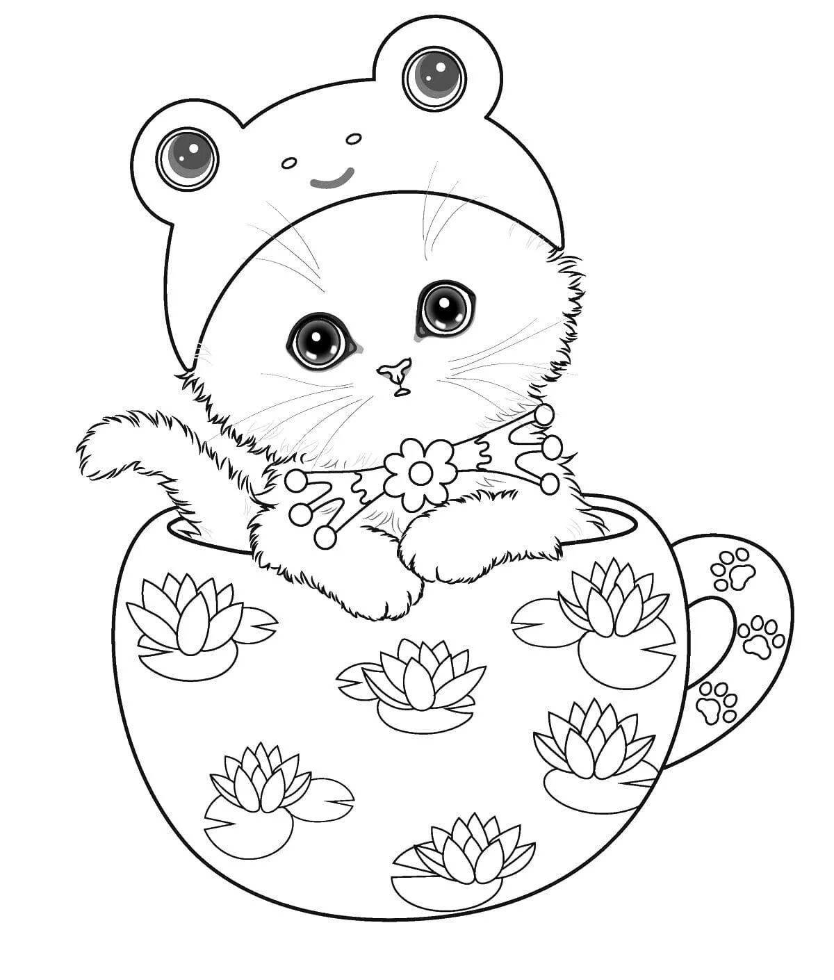 Coloring page quirky kitten in a cup
