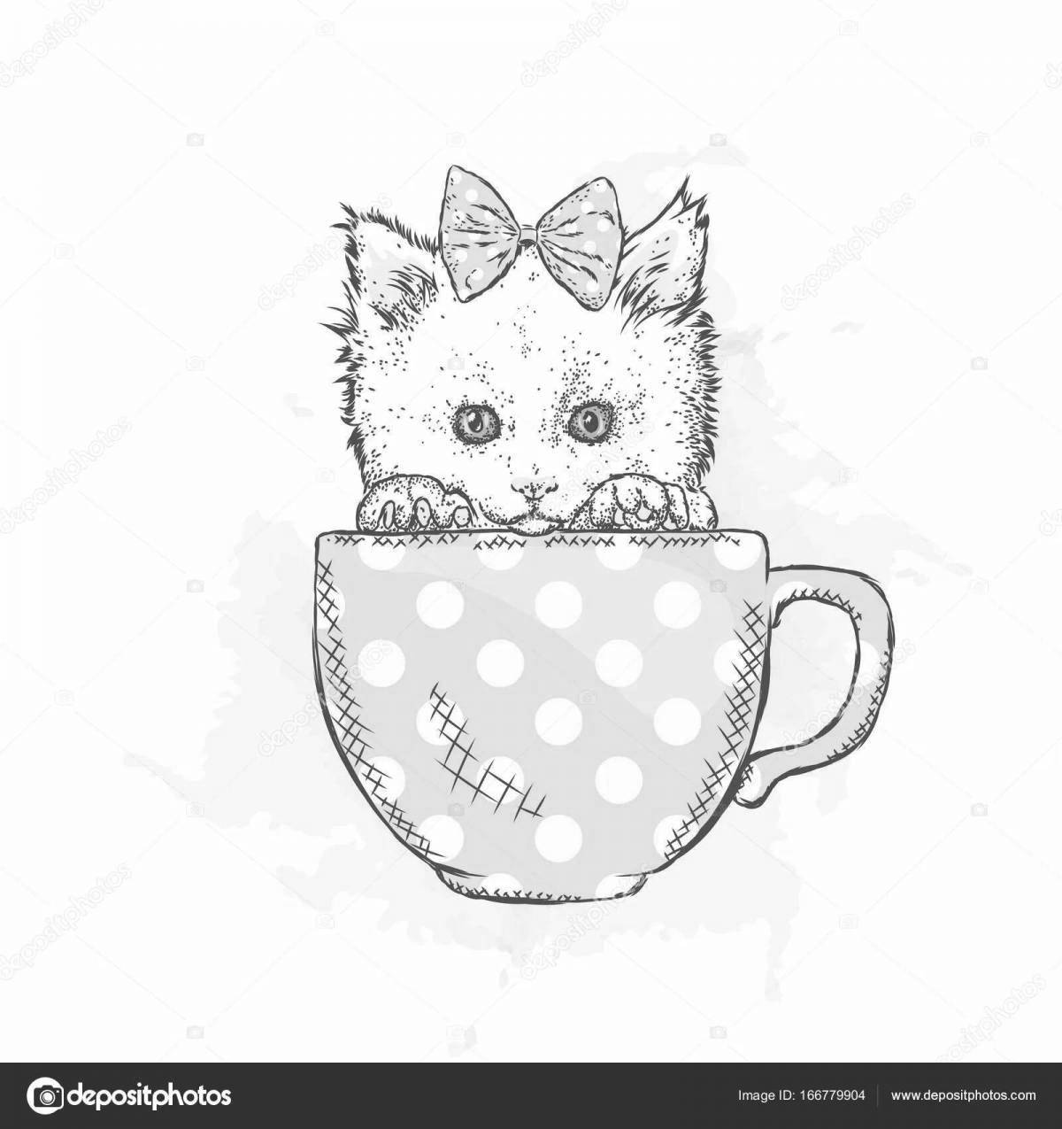 Coloring book snow kitten in a cup