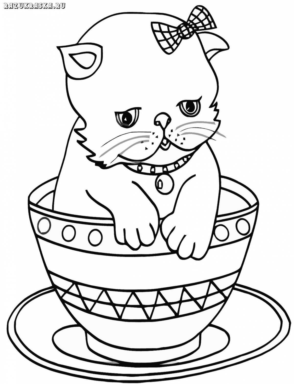 Coloring book bright kitten in a cup