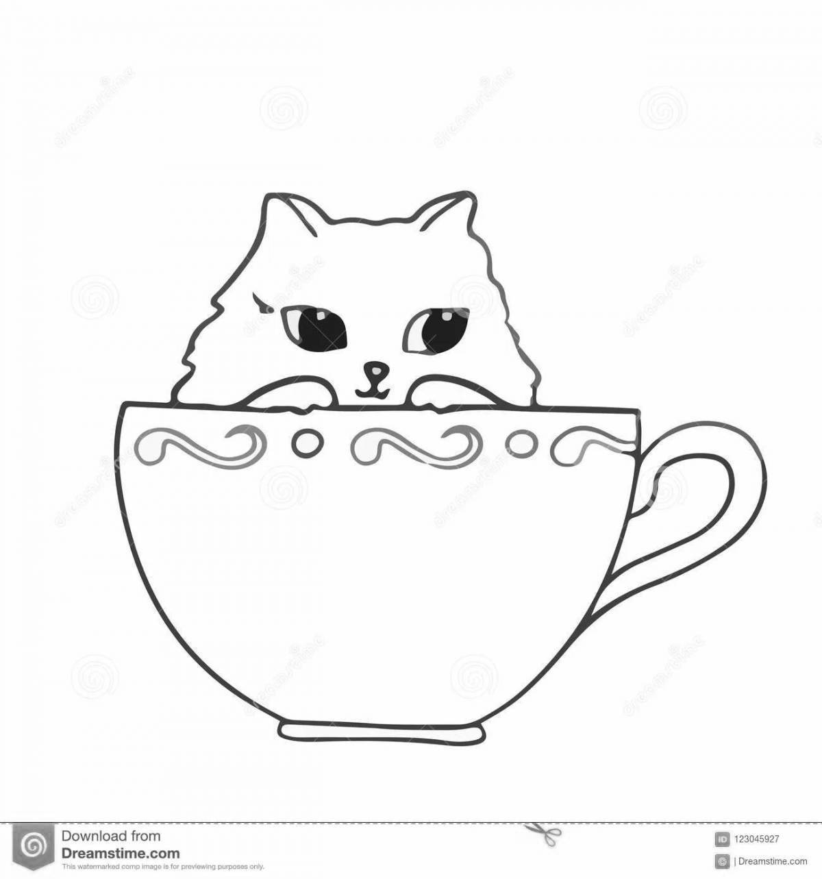 Coloring page admiring kitten in a cup