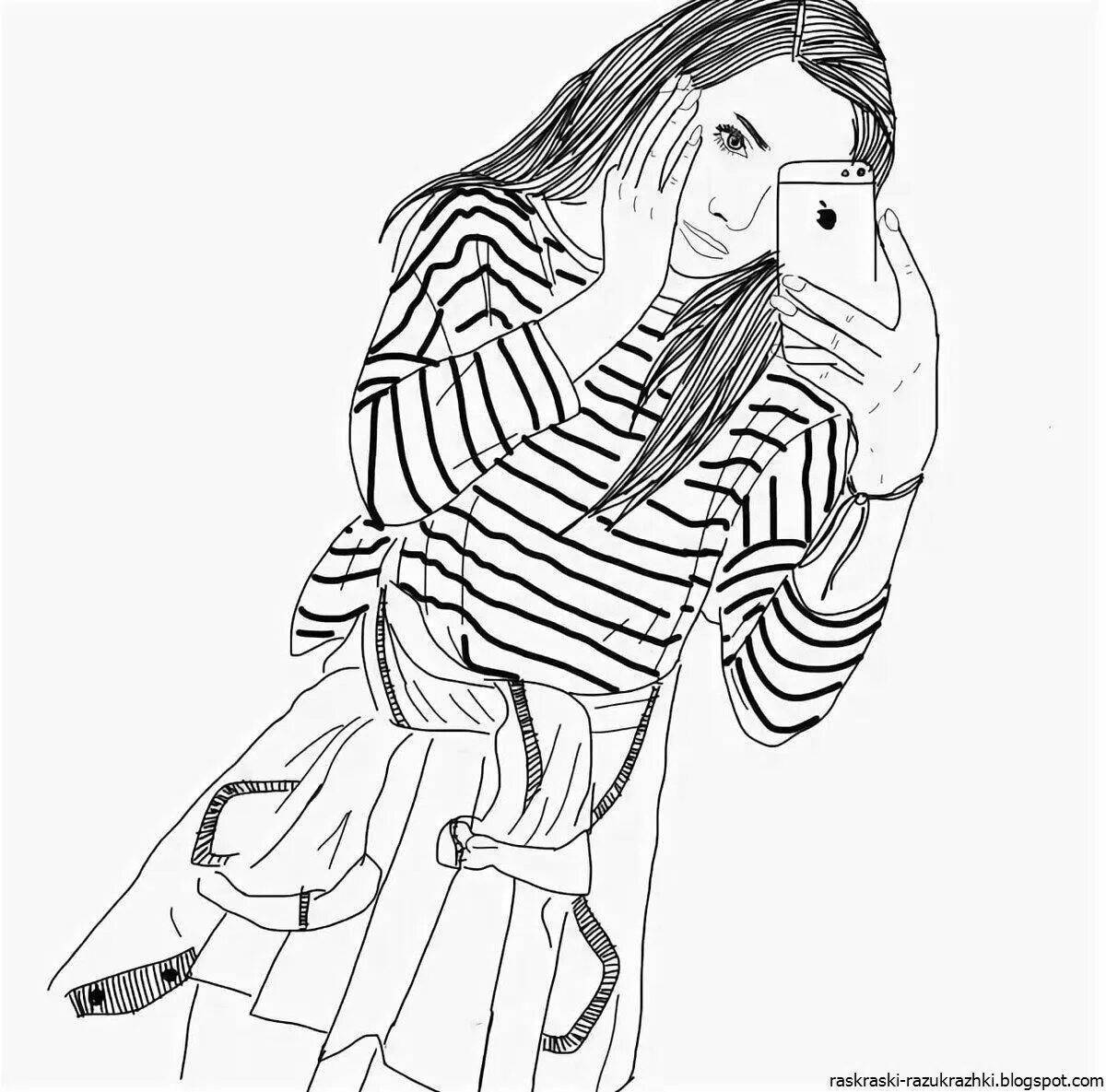 Charming coloring of a girl with iPhones