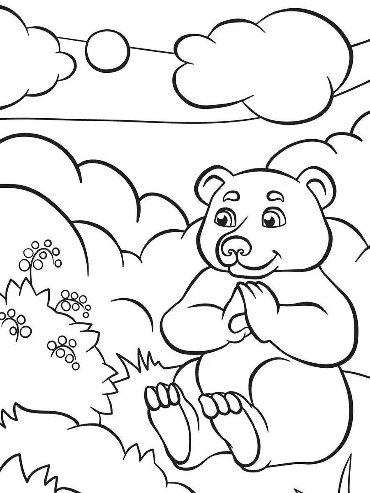 Coloring book playful bear in the forest
