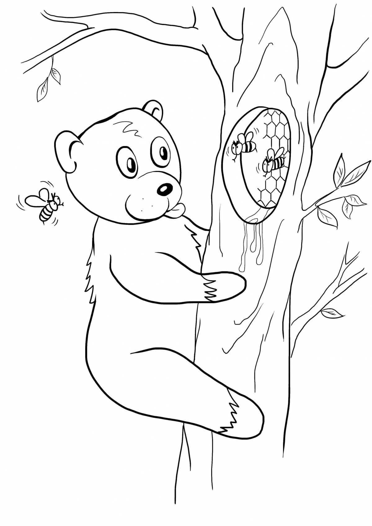 Coloring book bright bear in the forest