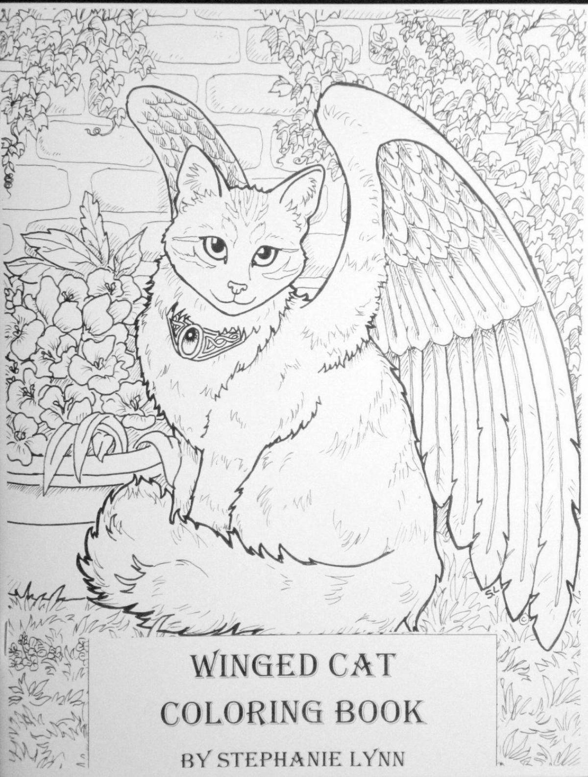 Яркая раскраска кошка с крыльями