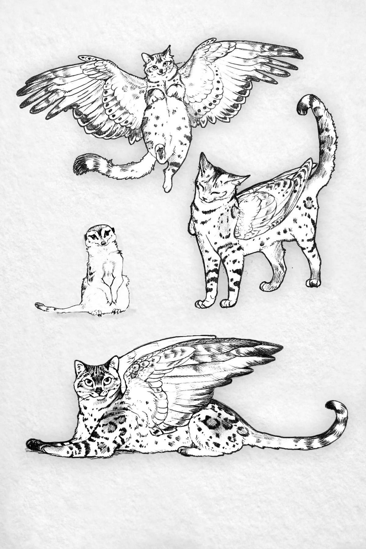 Игривая раскраска кошка с крыльями