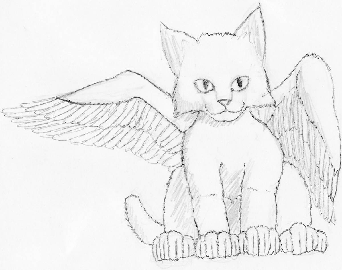 Причудливая раскраска кошка с крыльями