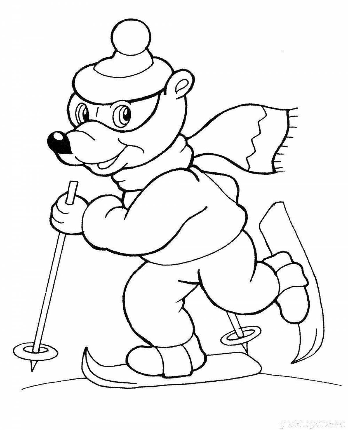 Adorable bear on skis coloring book