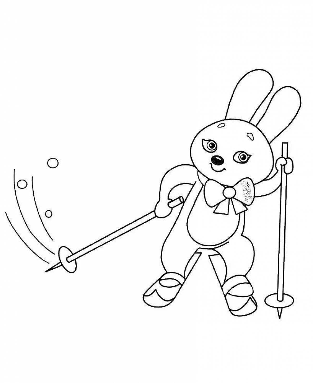 Coloring book joyful bear on skis