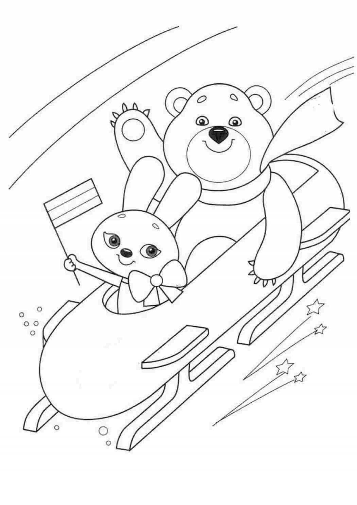 Coloring playful bear on skis
