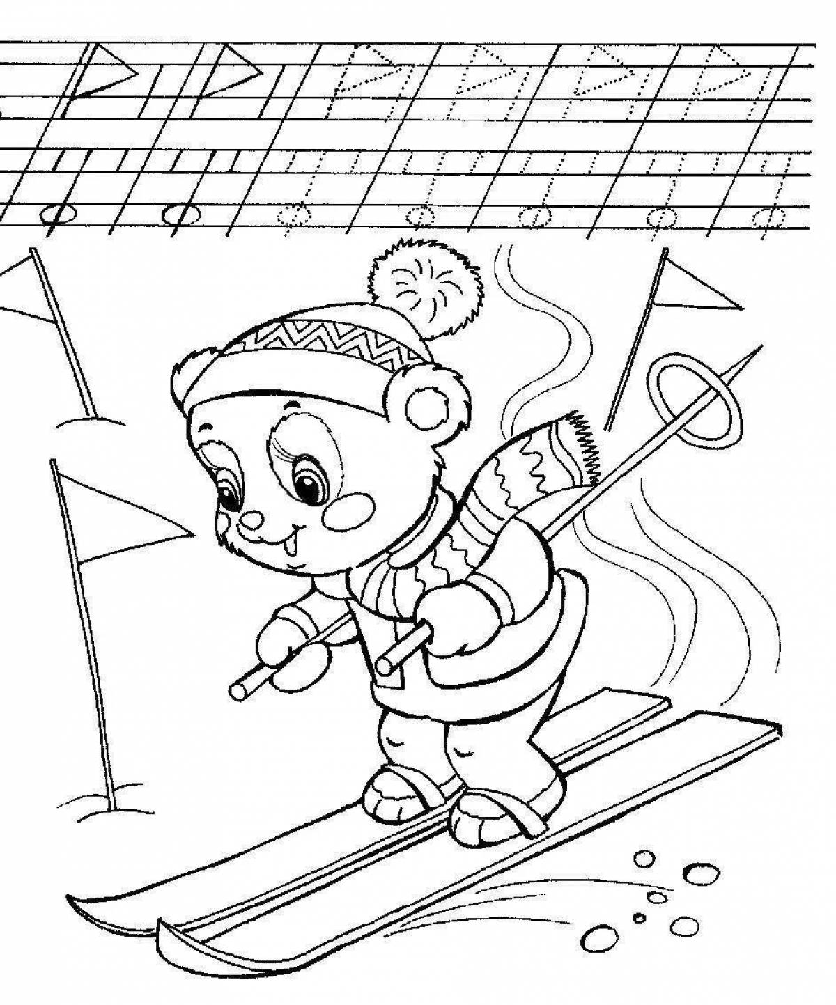 Colorful bear skiing coloring book