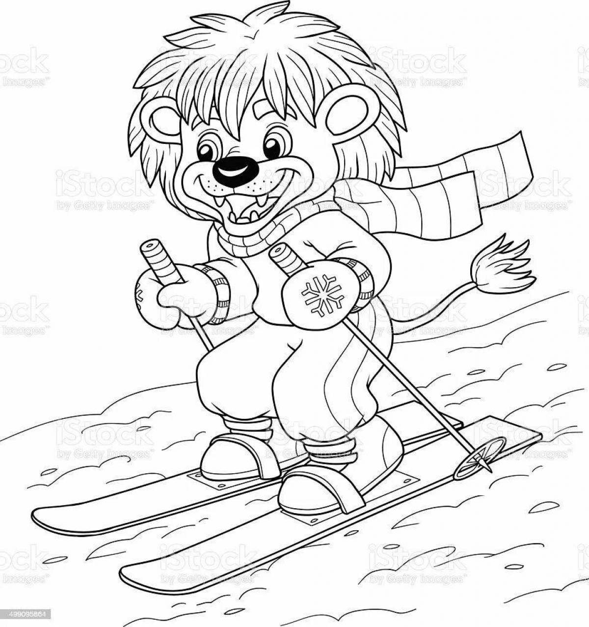 Раскраска возбужденный медведь на лыжах