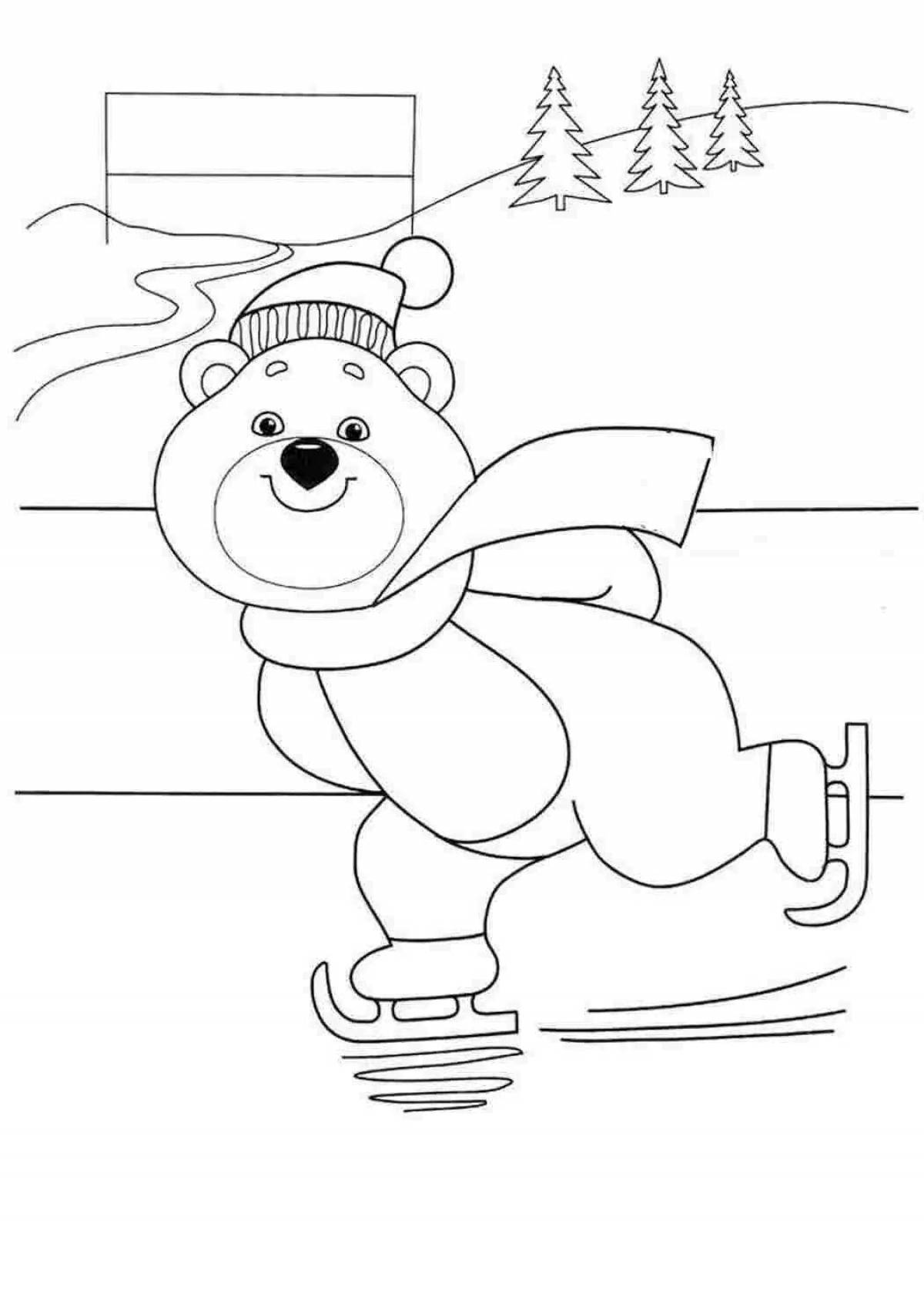 Раскраска улыбающийся медведь на лыжах