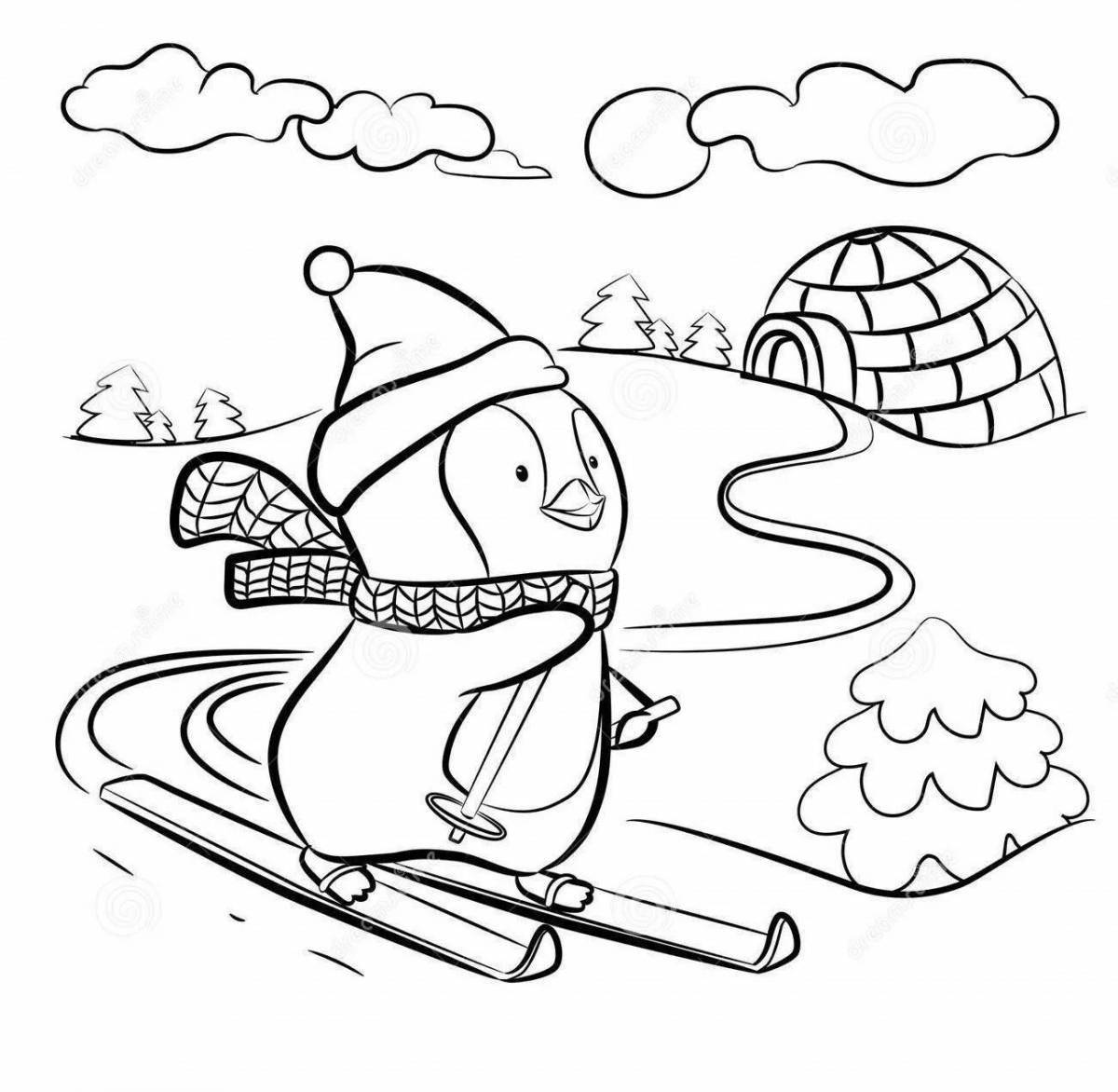 Coloring happy bear skiing