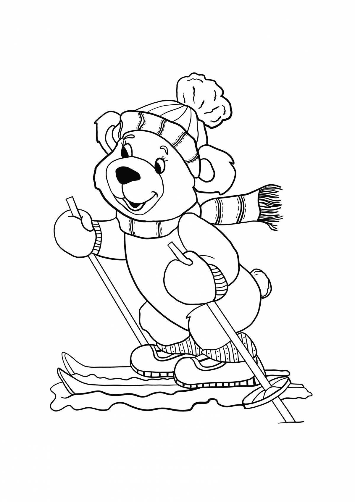 Coloring book bright bear on skis