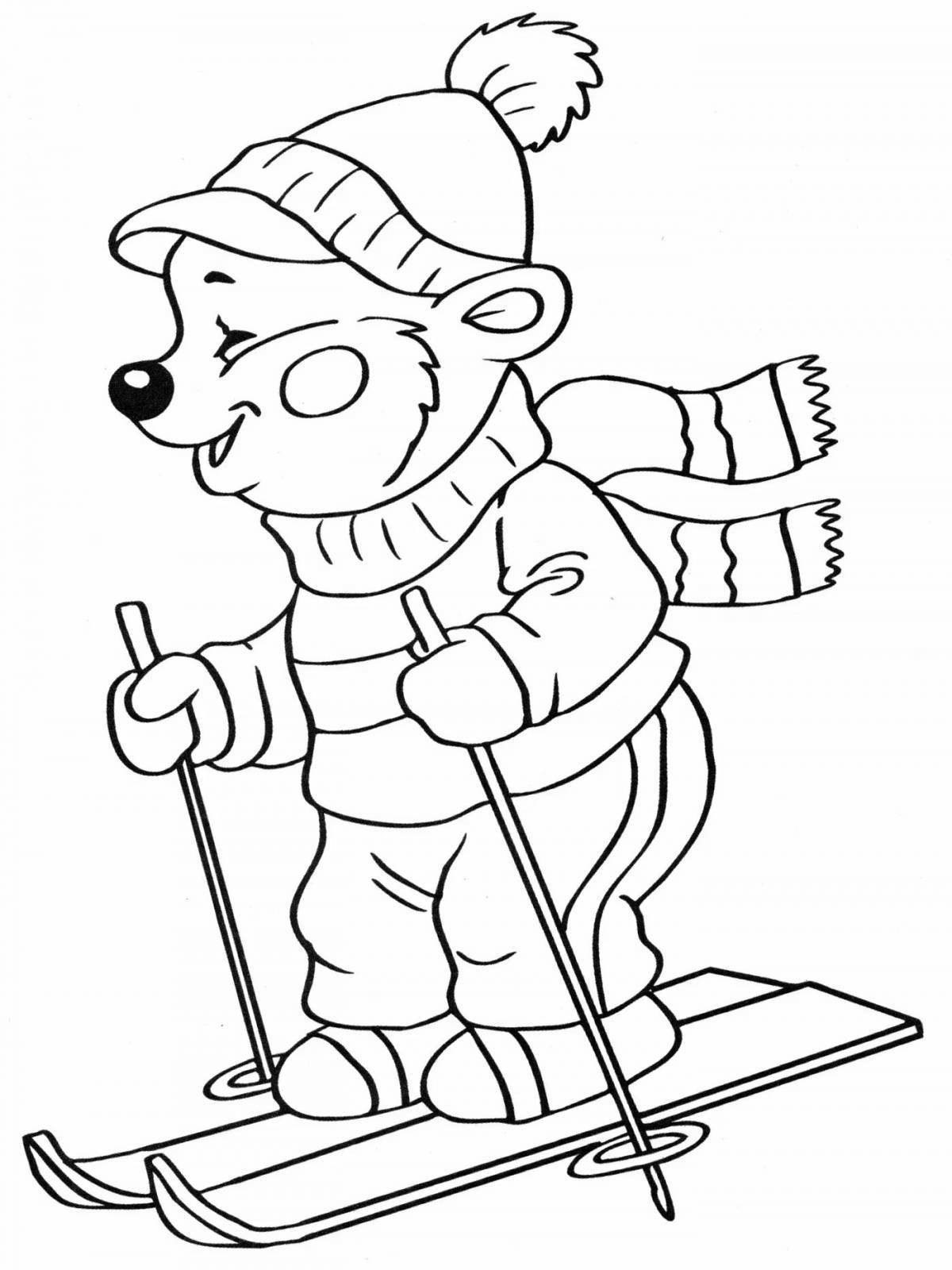 Анимированный медведь на лыжах раскраска
