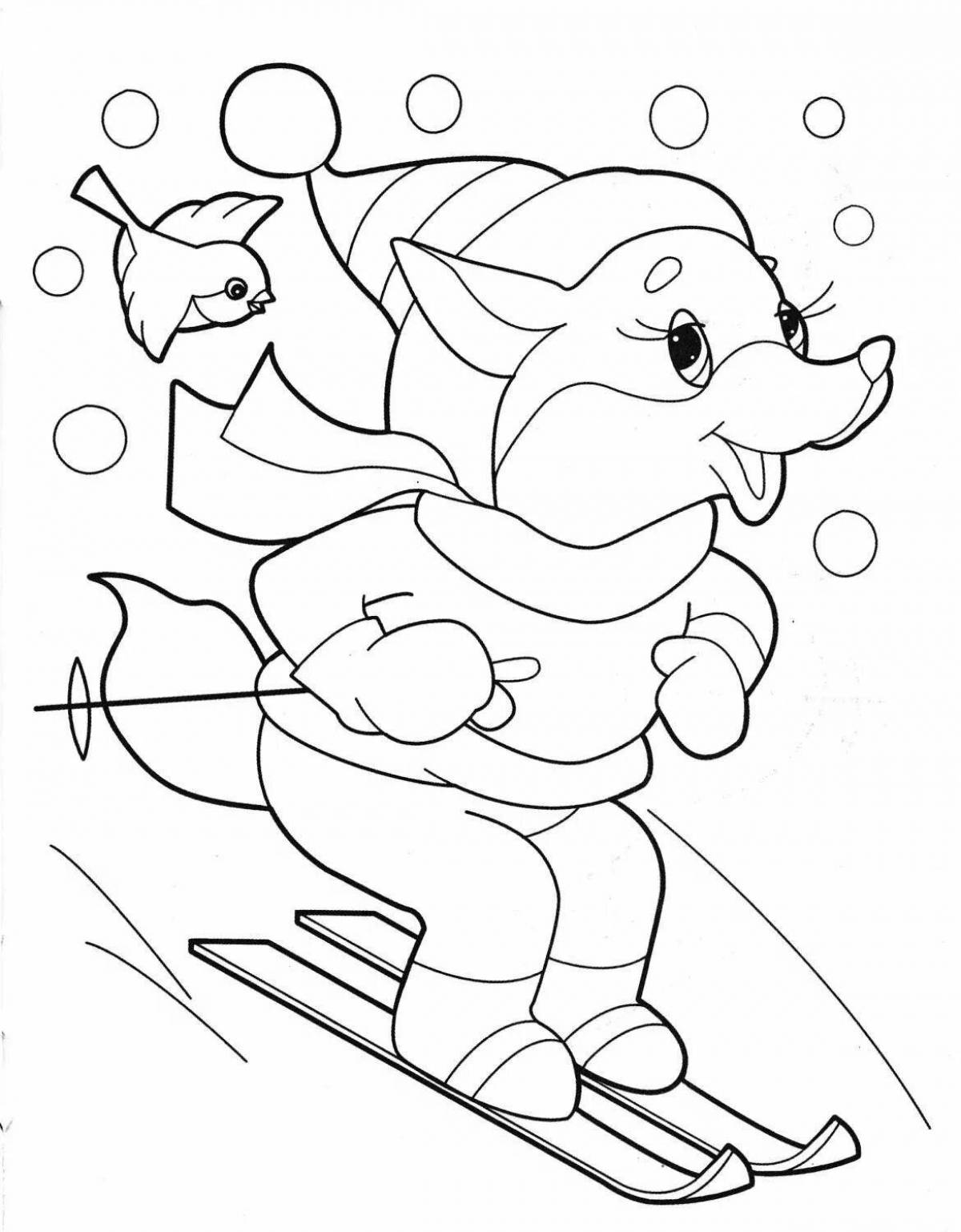 Adorable bear skiing coloring page