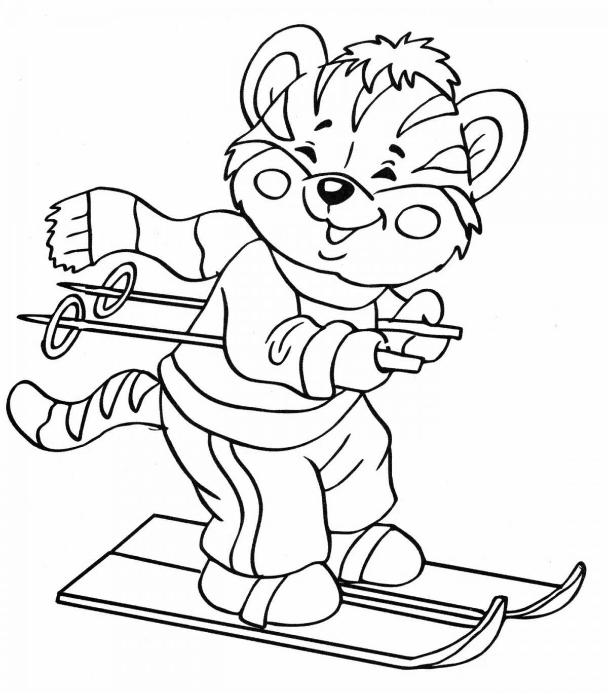 Coloring book magic bear on skis
