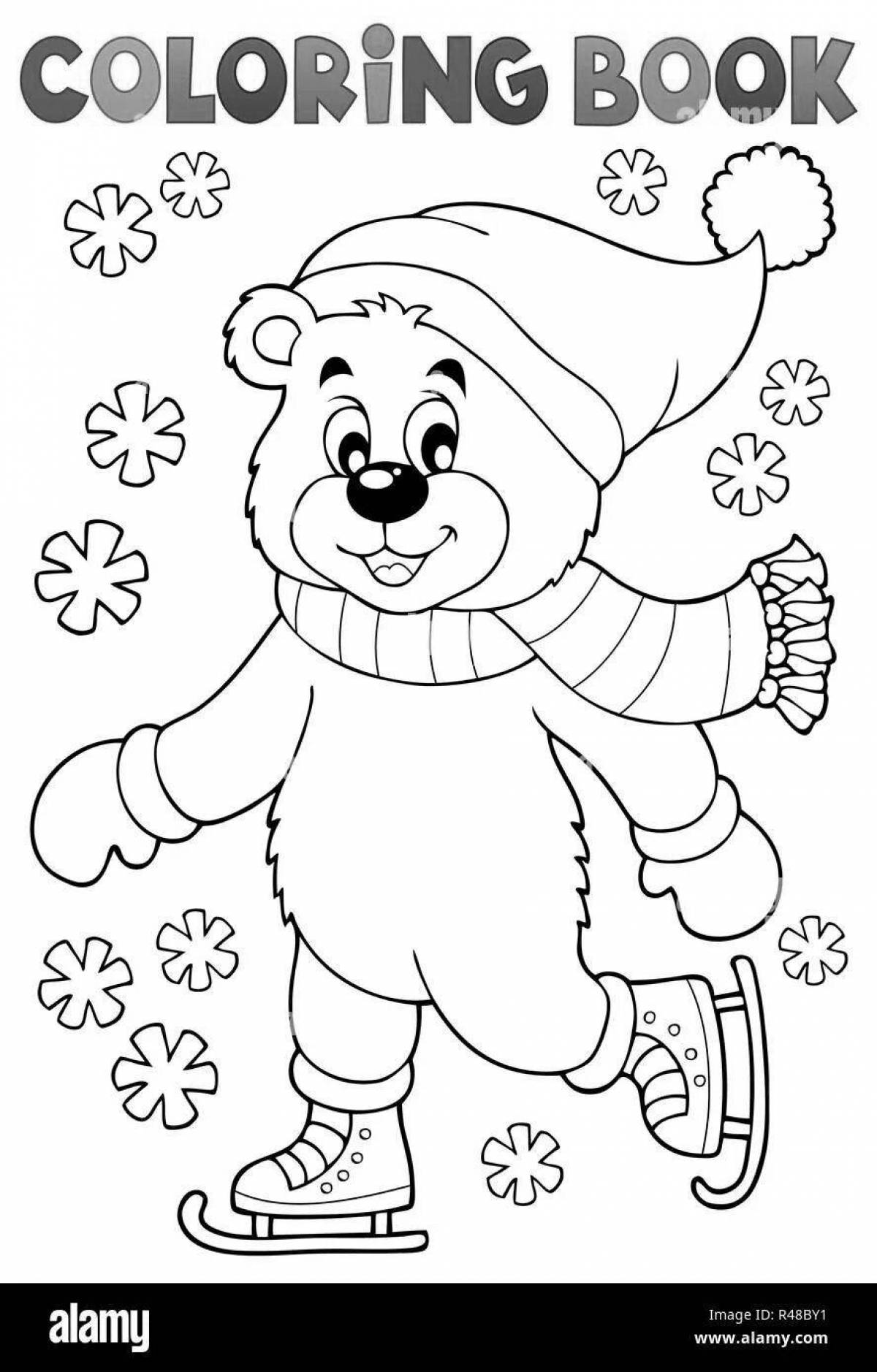 Coloring page gorgeous bear on skis