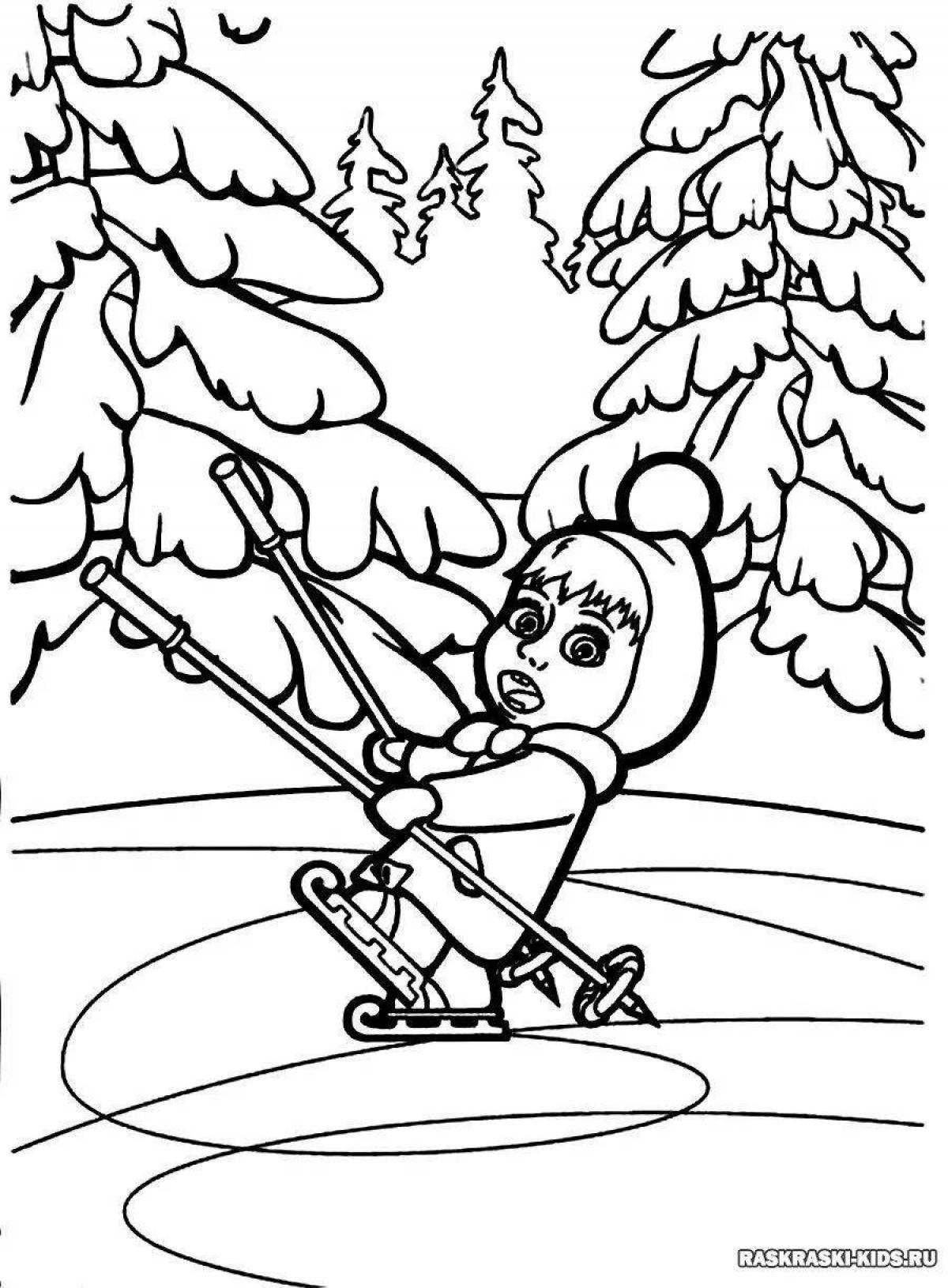 Coloring book shining bear on skis